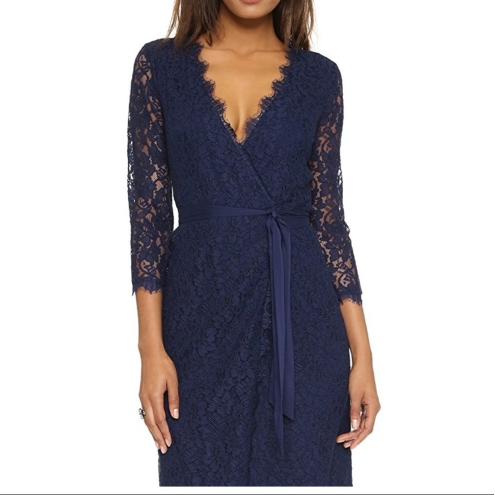 🆕 DVF Julianna Wrap Lace Dress in Midnight Blue
